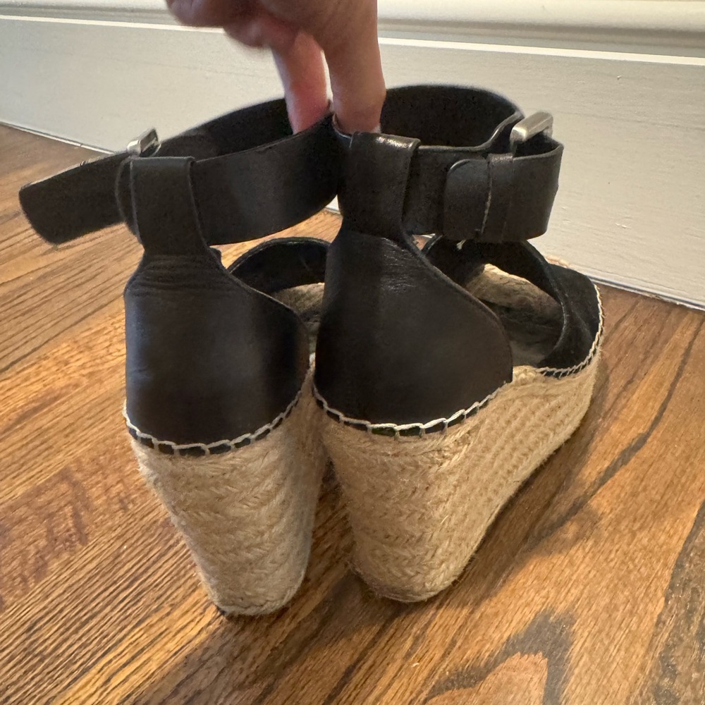 Marc Fisher Black and Tan Espadrille Wedge Sandals